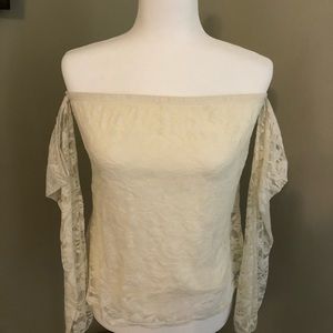 Cream lace cold shoulder shirt